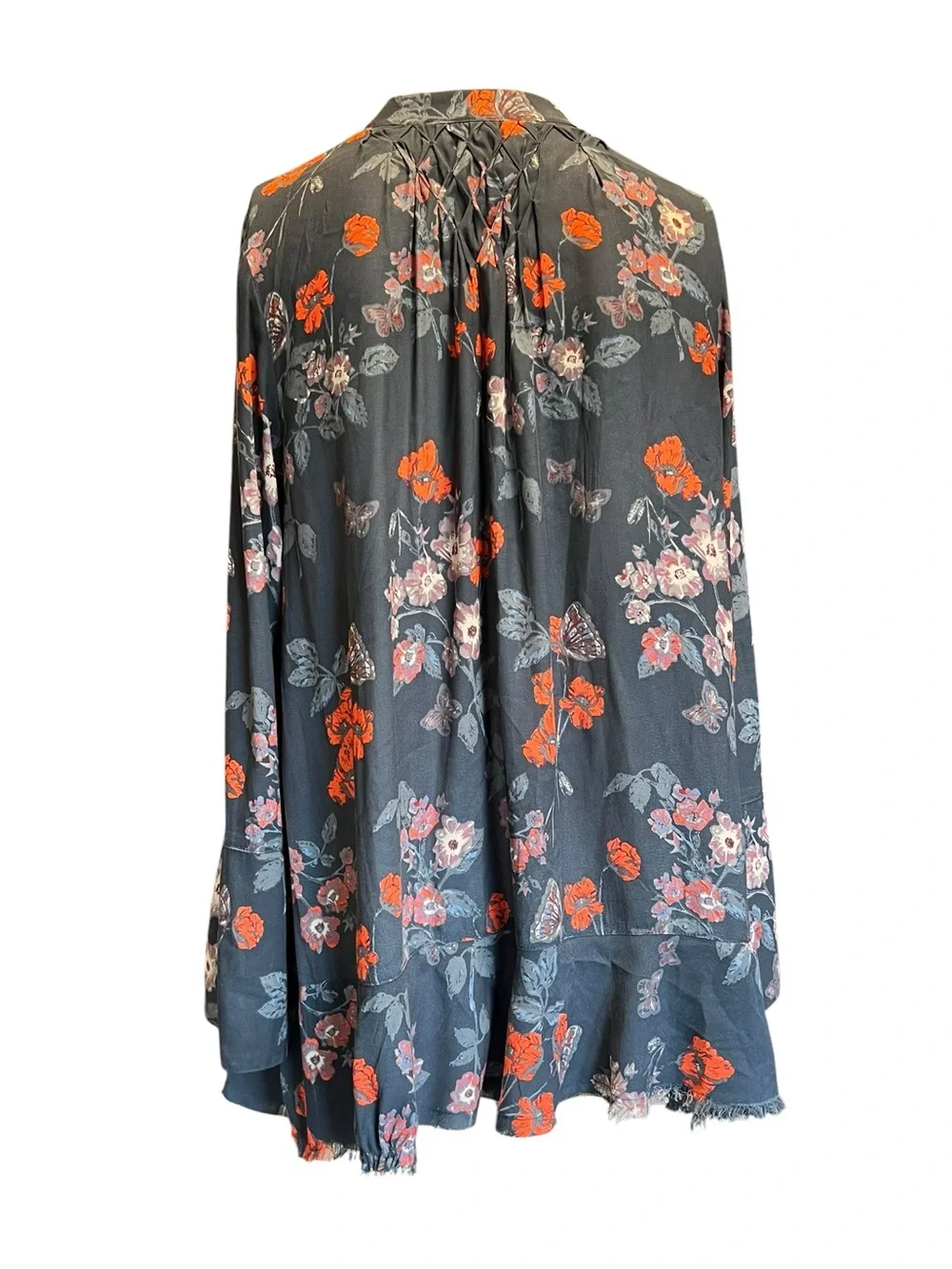 Free People Black Floral Tie-Neck Blouse with Orange Accents